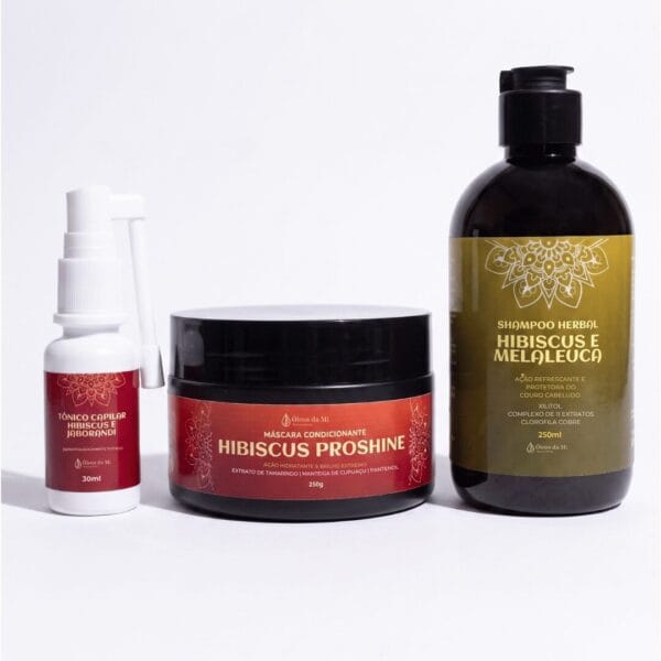 Shampoo Herbal hibiscus e melaleuca, tônico cpailar hibiscos e jaborandi e a máscara condicionante hibiscus proshine